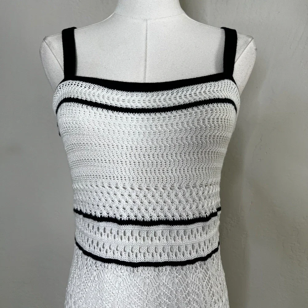 Abercrombie & Fitch Maxi Dress White Crochet Knit Black Trim NWT Small Tall
